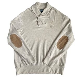 Polo Ralph Lauren Sweater Mens XL/TG Beige Elbow Patch Shawl Collar Big Pony